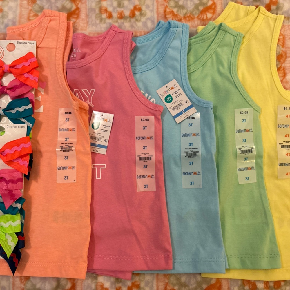 Colorful Kids Sleeveless Tops Set 4t to 3t with Hair Bows